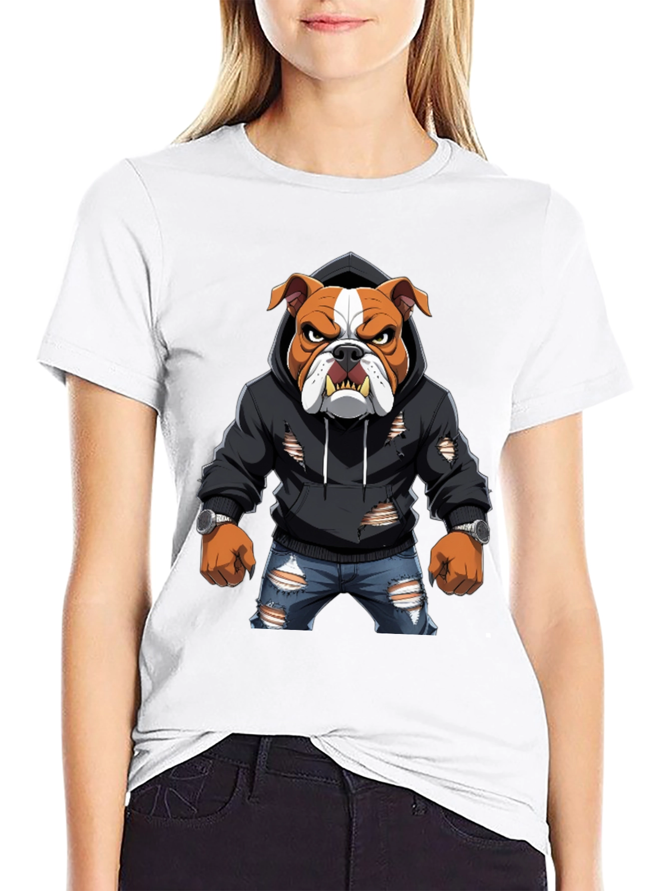 Bulldog Graphic Tee - Ripped Hoodie & Jeans