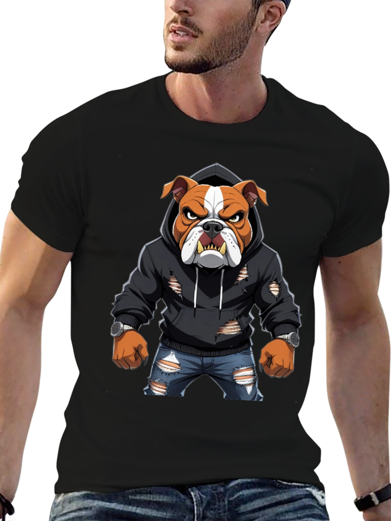 Bulldog Graphic Tee - Ripped Hoodie & Jeans
