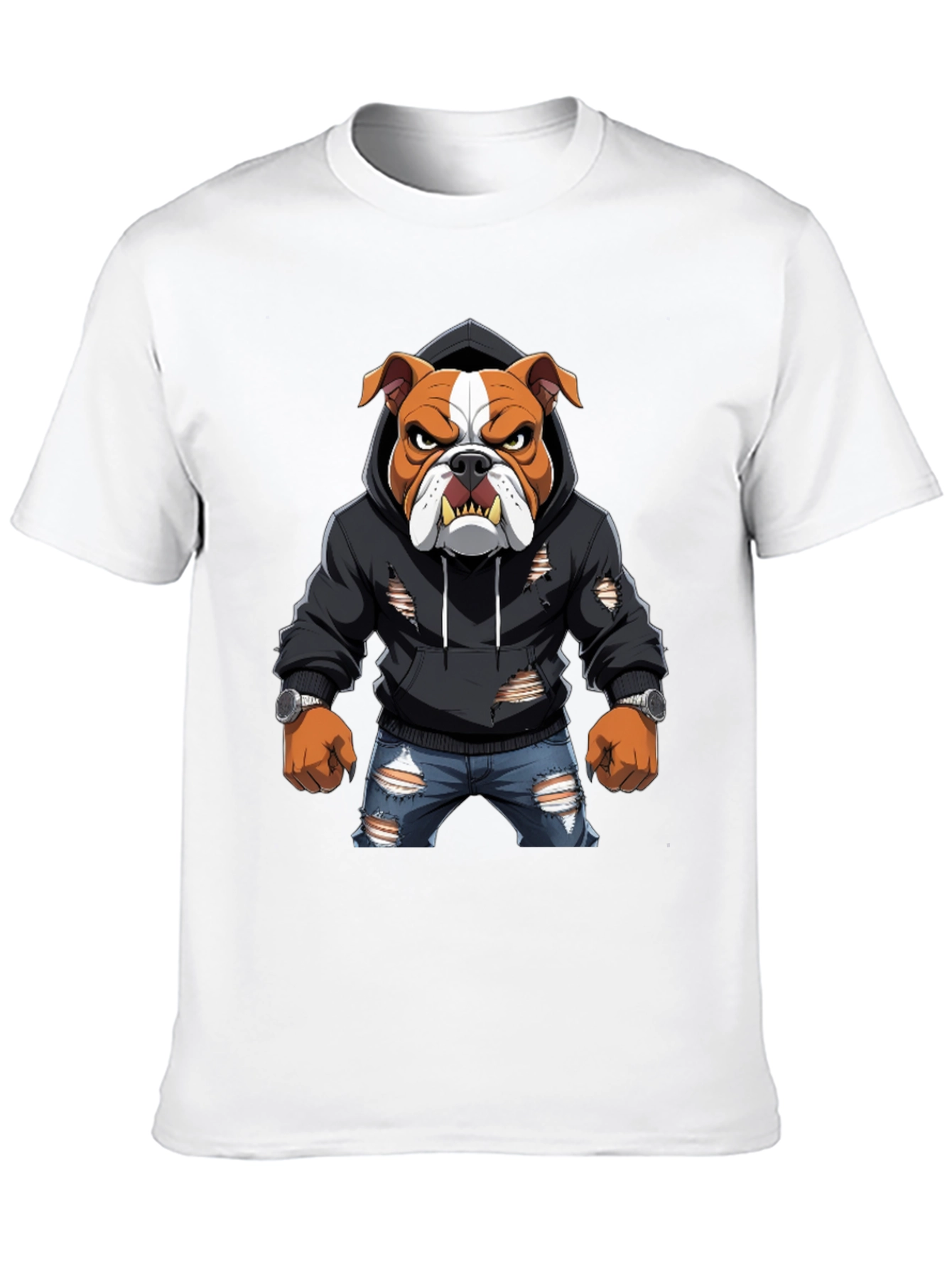 Bulldog Graphic Tee - Ripped Hoodie & Jeans