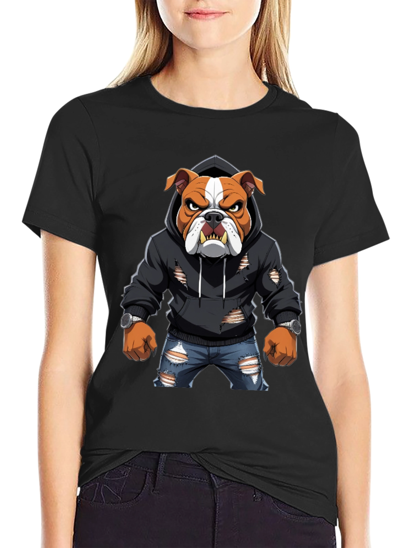 Bulldog Graphic Tee - Ripped Hoodie & Jeans