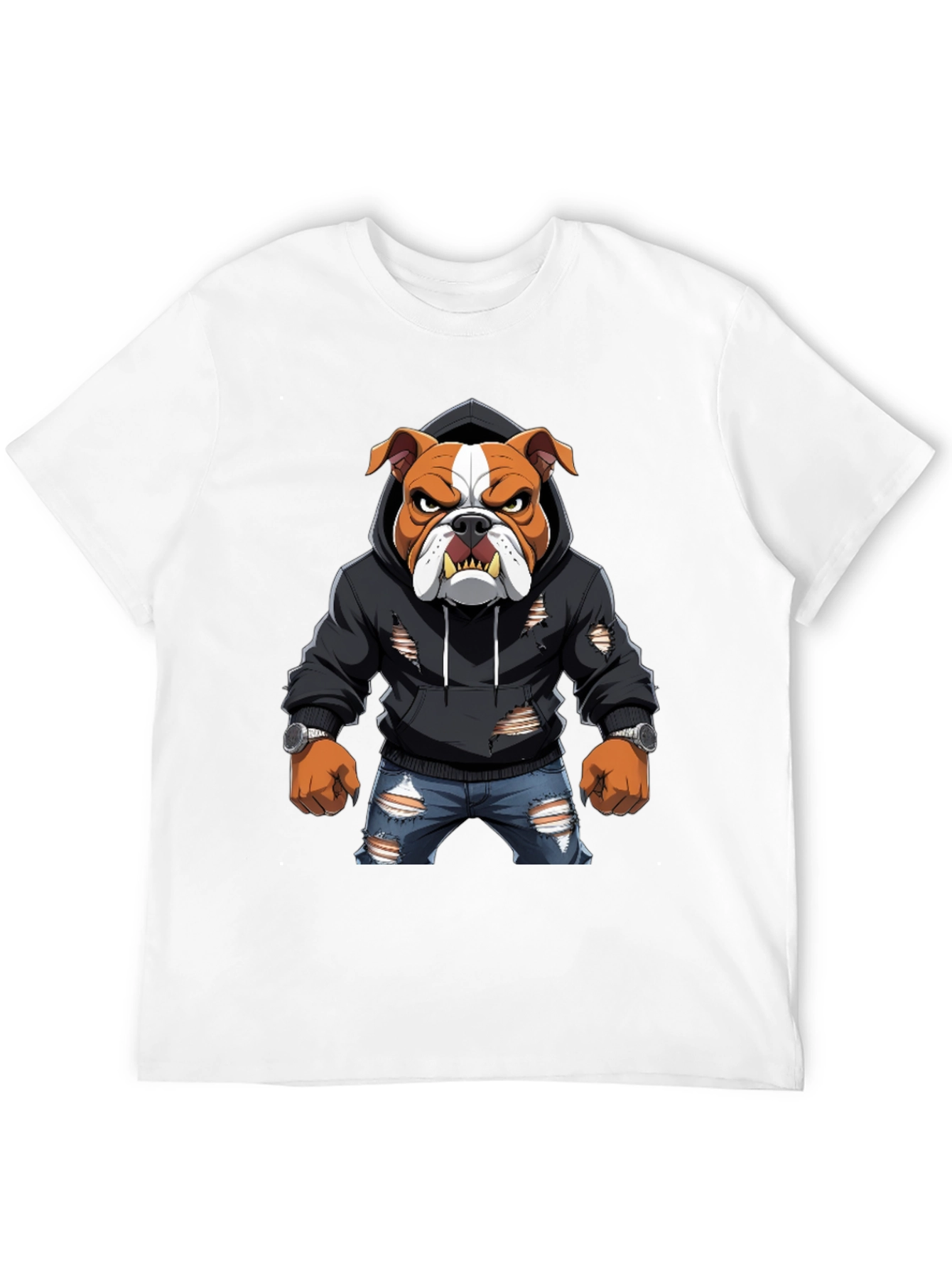 Bulldog Graphic Tee - Ripped Hoodie & Jeans