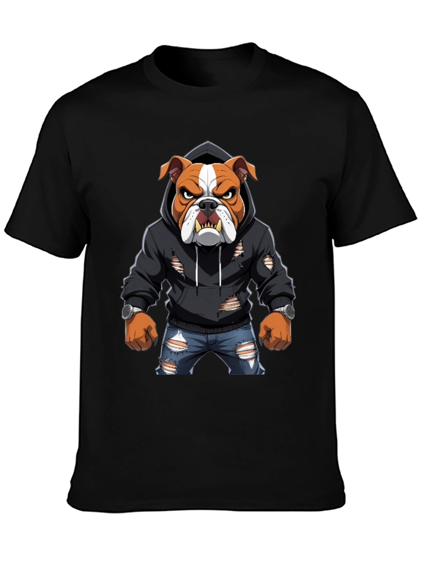 Bulldog Graphic Tee - Ripped Hoodie & Jeans