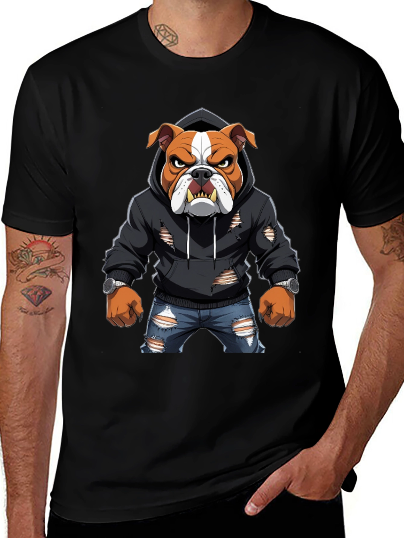 Bulldog Graphic Tee - Ripped Hoodie & Jeans