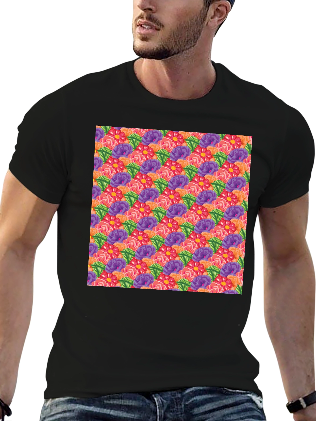 Floral Pattern Mens Black T-Shirt
