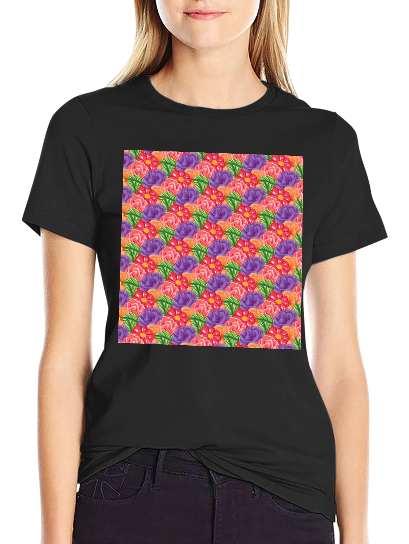 Floral Pattern Mens Black T-Shirt