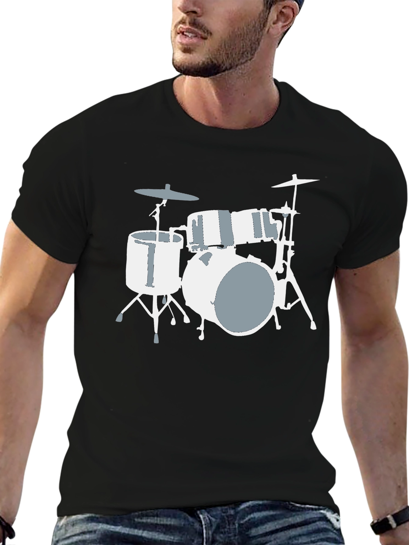 Drum Set Graphic Tee - Black Cotton T-Shirt