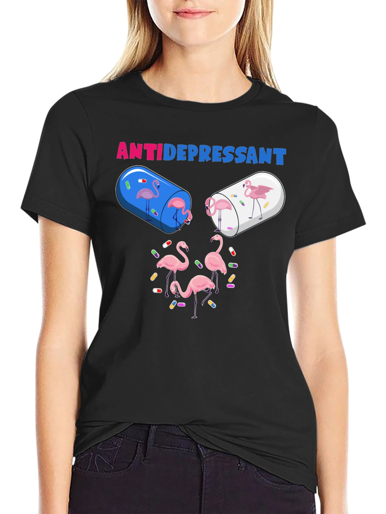 Antidepressant Flamingo Pill Funny Graphic T-Shirt