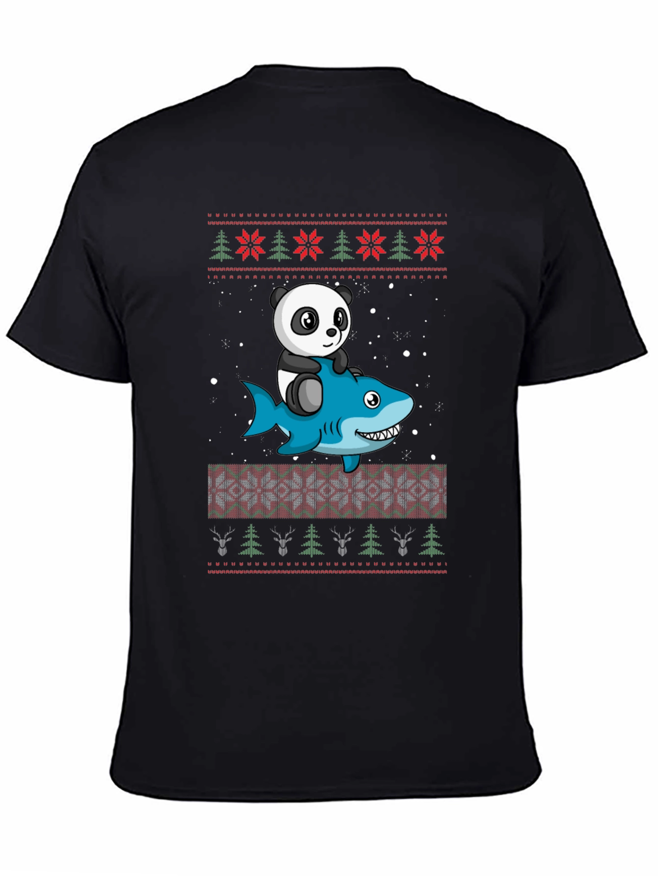 Panda Riding Shark Christmas Sweater Pattern T-Shirt