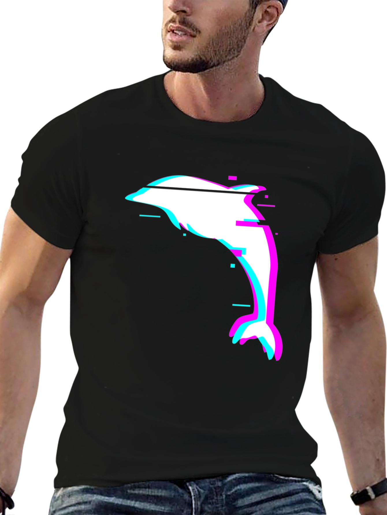 Glitch Dolphin Graphic Tee - Black Casual T-Shirt