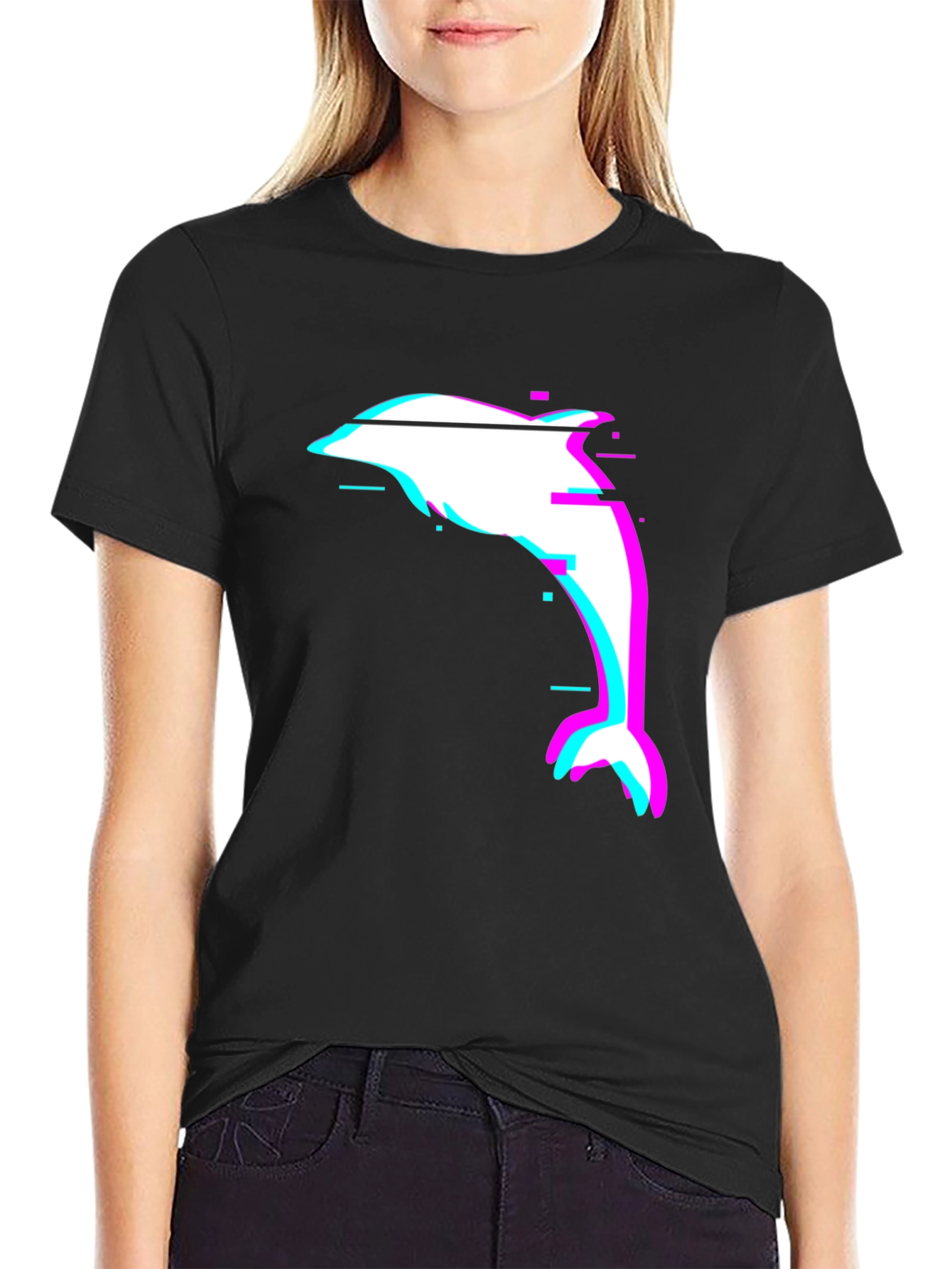 Glitch Dolphin Graphic Tee - Black Casual T-Shirt