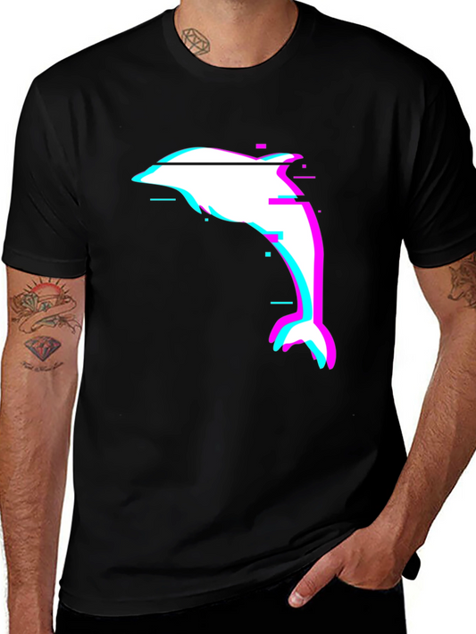 Glitch Dolphin Graphic Tee - Black Casual T-Shirt