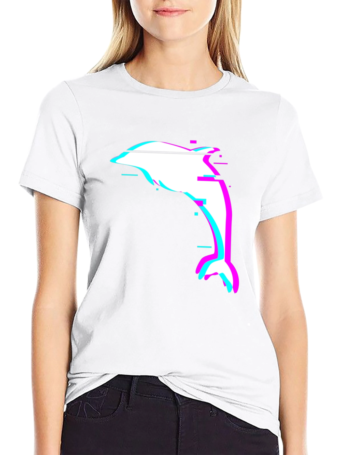 Glitch Dolphin Graphic Tee - Black Casual T-Shirt