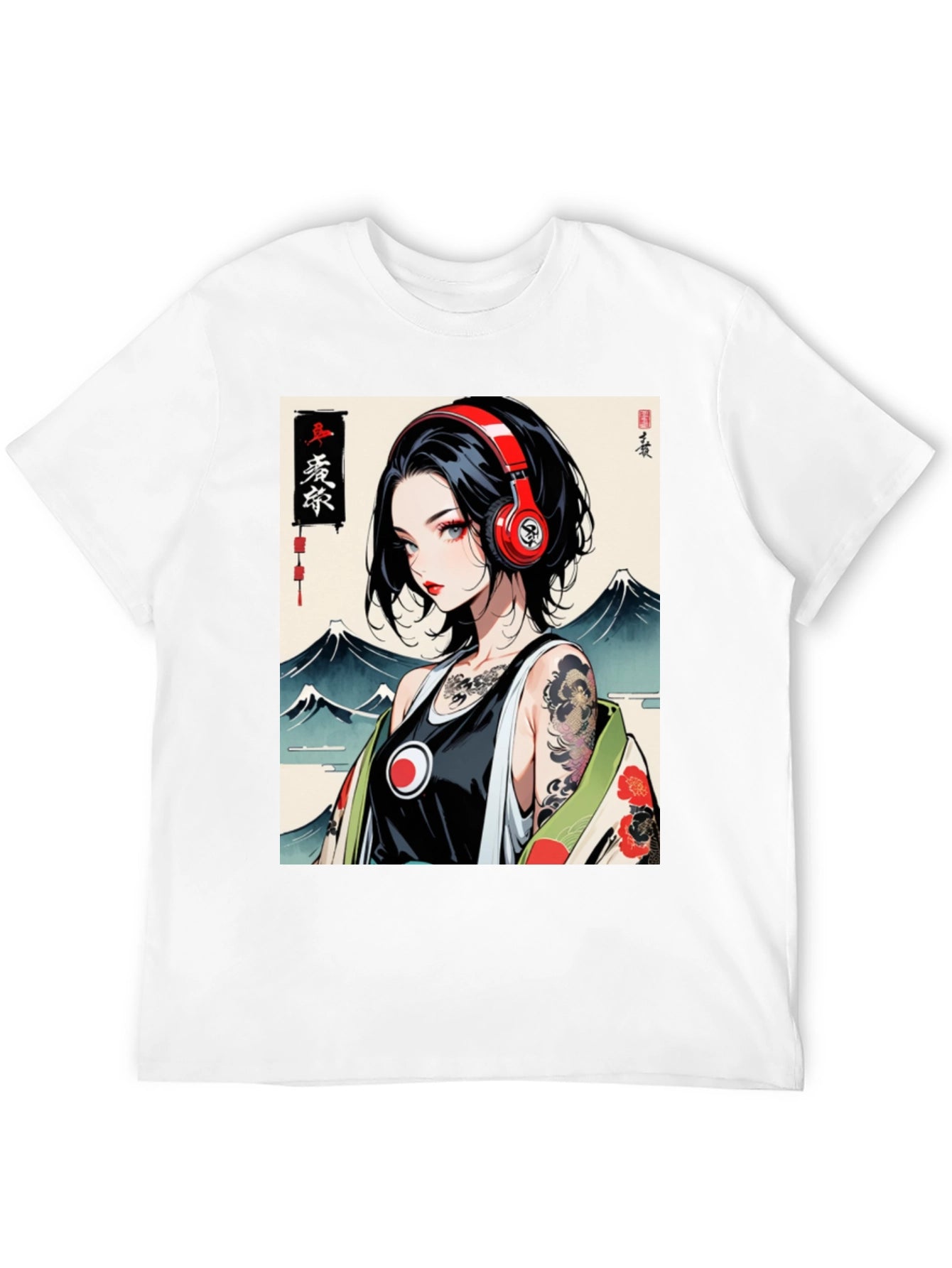 Anime Girl Headphones Graphic Black T-Shirt