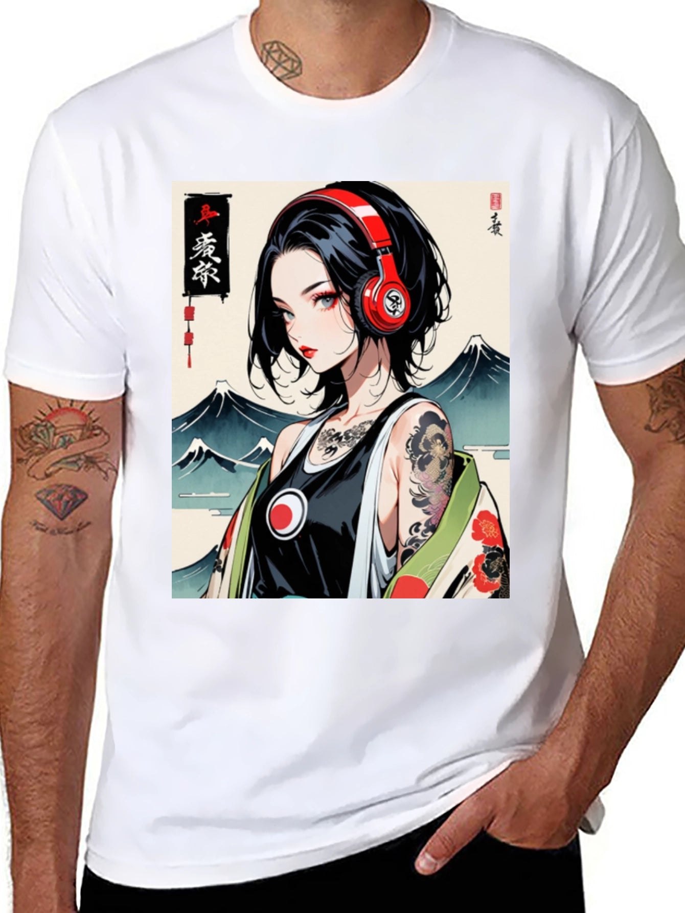 Anime Girl Headphones Graphic Black T-Shirt