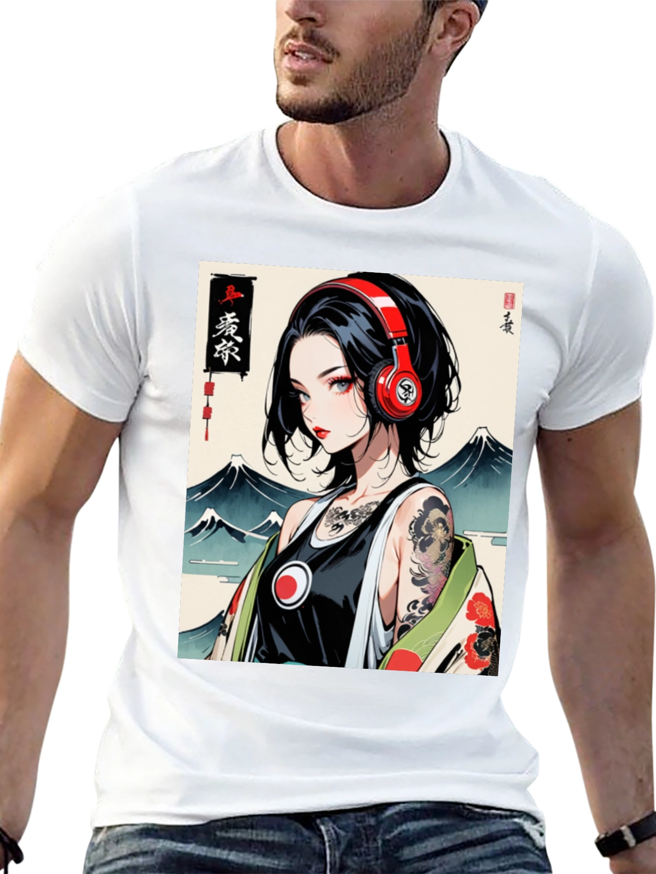 Anime Girl Headphones Graphic Black T-Shirt