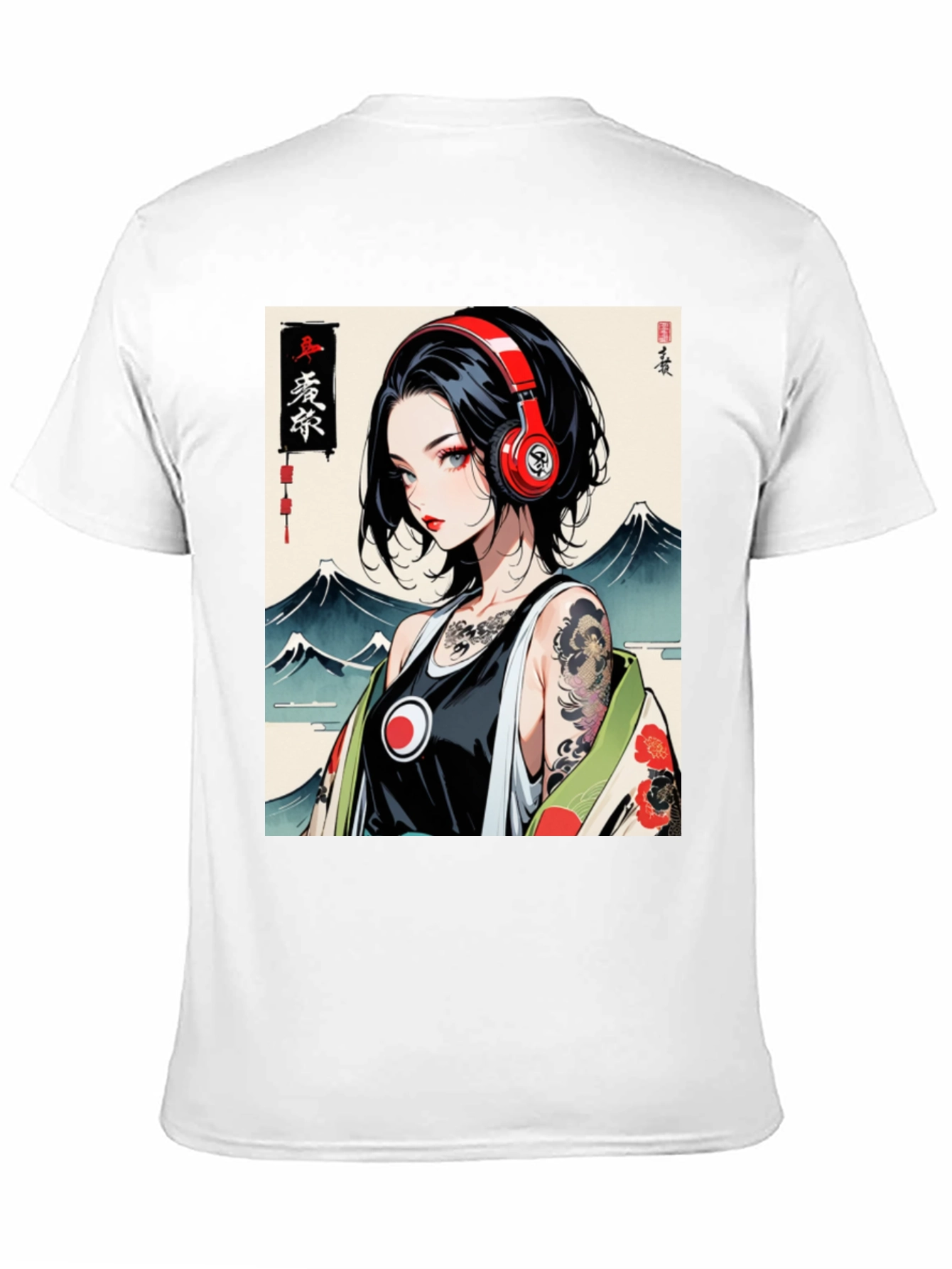 Anime Girl Headphones Graphic Black T-Shirt