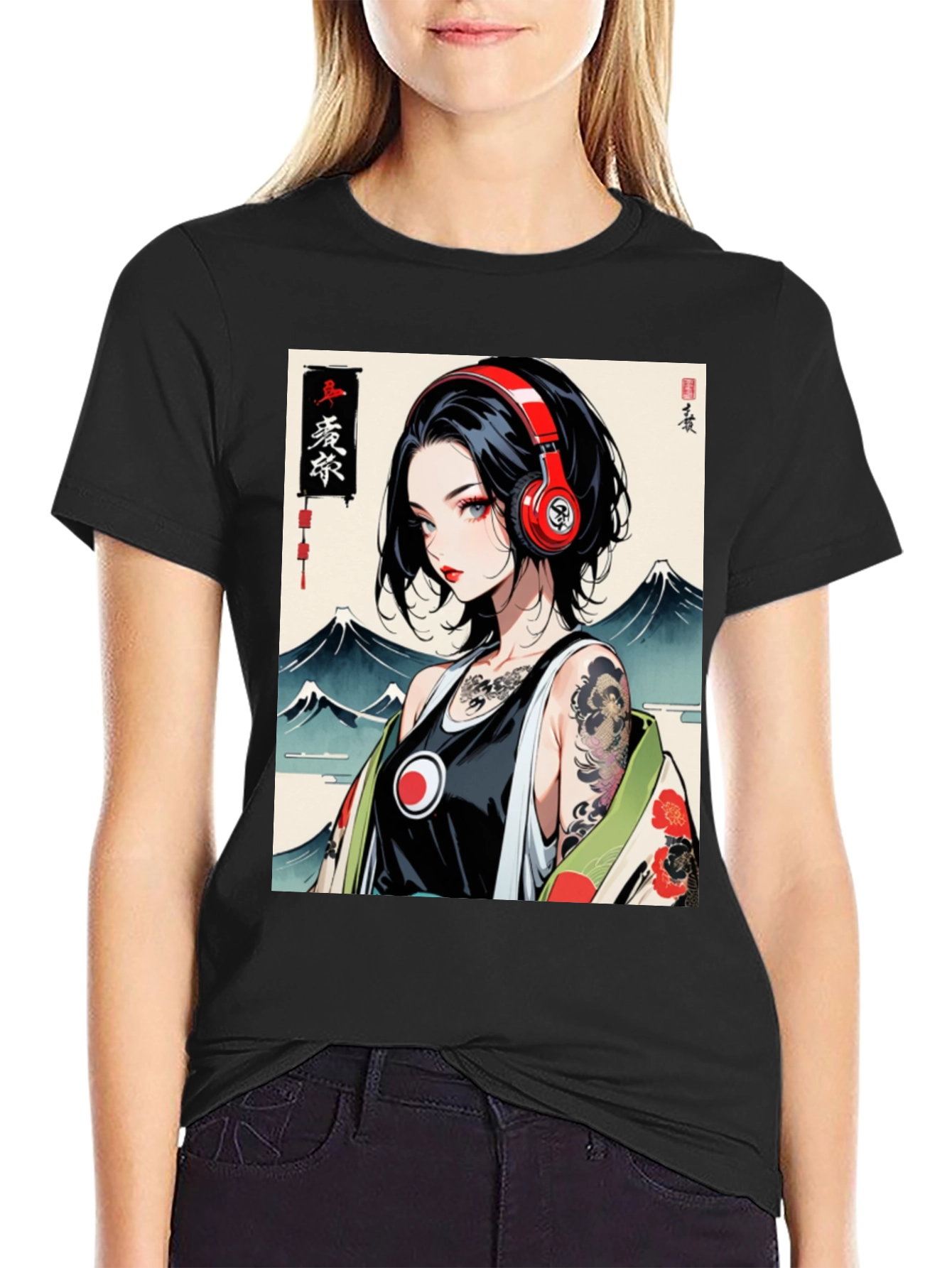 Anime Girl Headphones Graphic Black T-Shirt