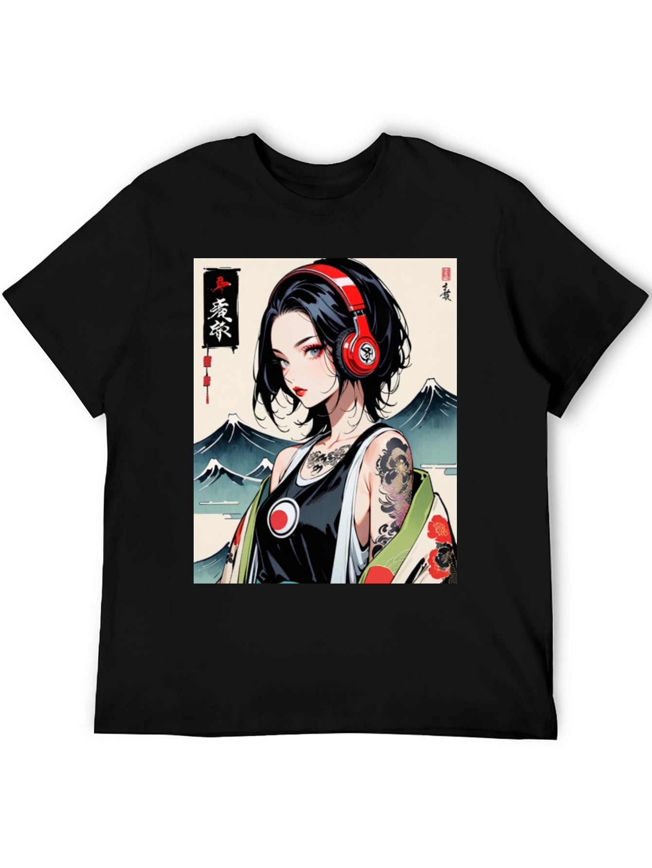 Anime Girl Headphones Graphic Black T-Shirt