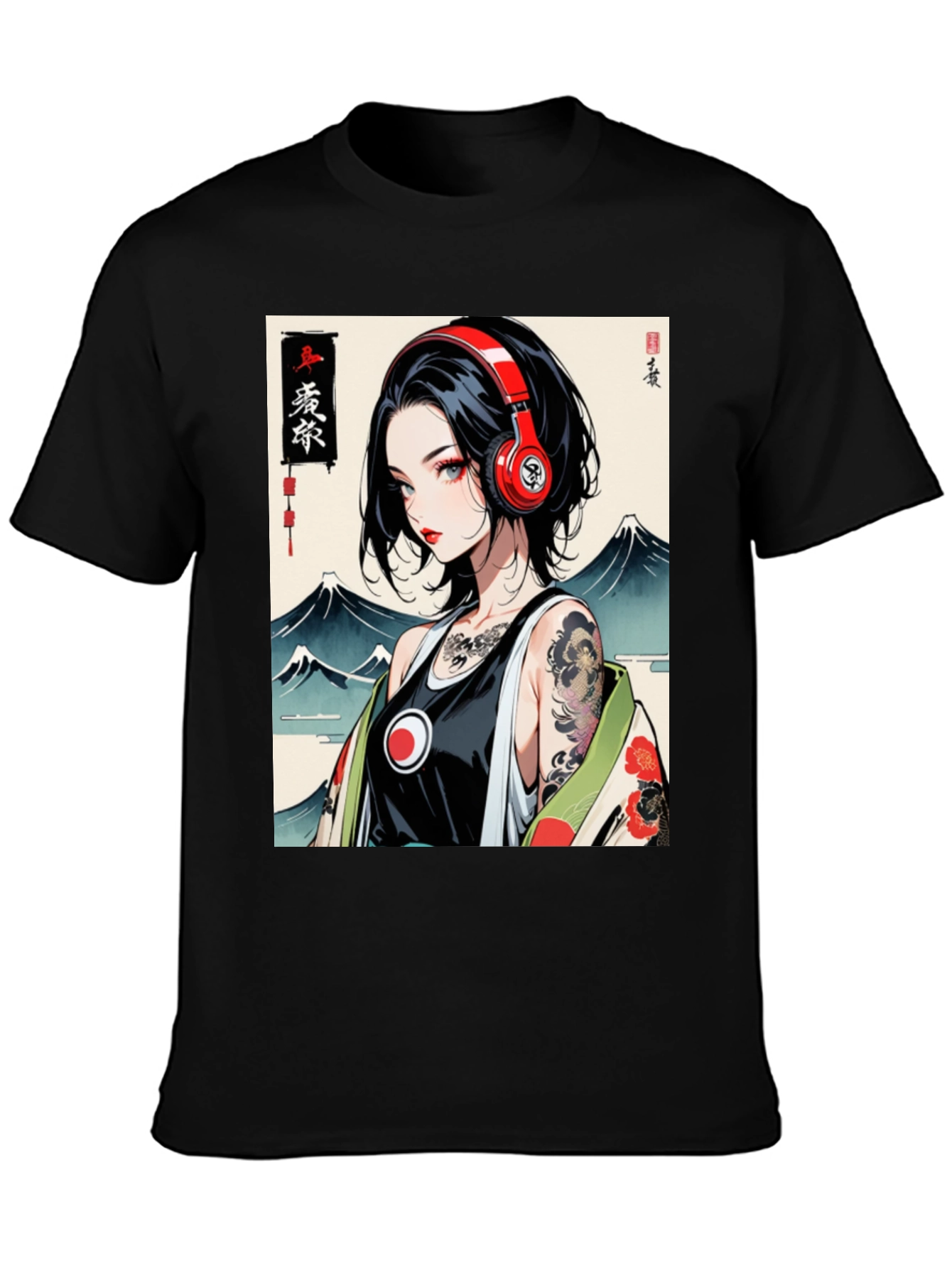 Anime Girl Headphones Graphic Black T-Shirt