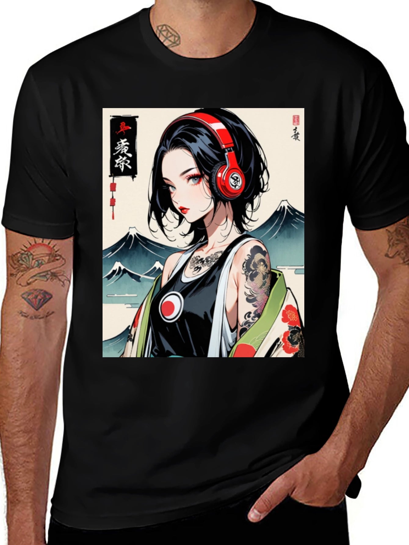 Anime Girl Headphones Graphic Black T-Shirt