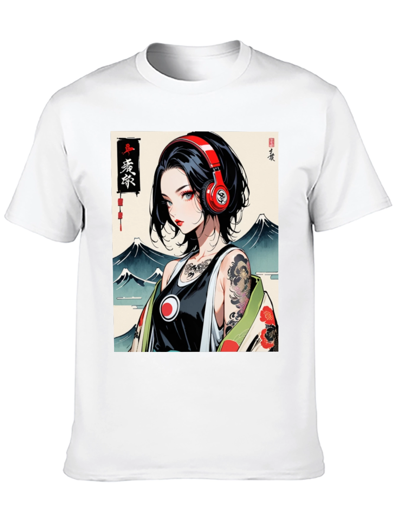 Anime Girl Headphones Graphic Black T-Shirt