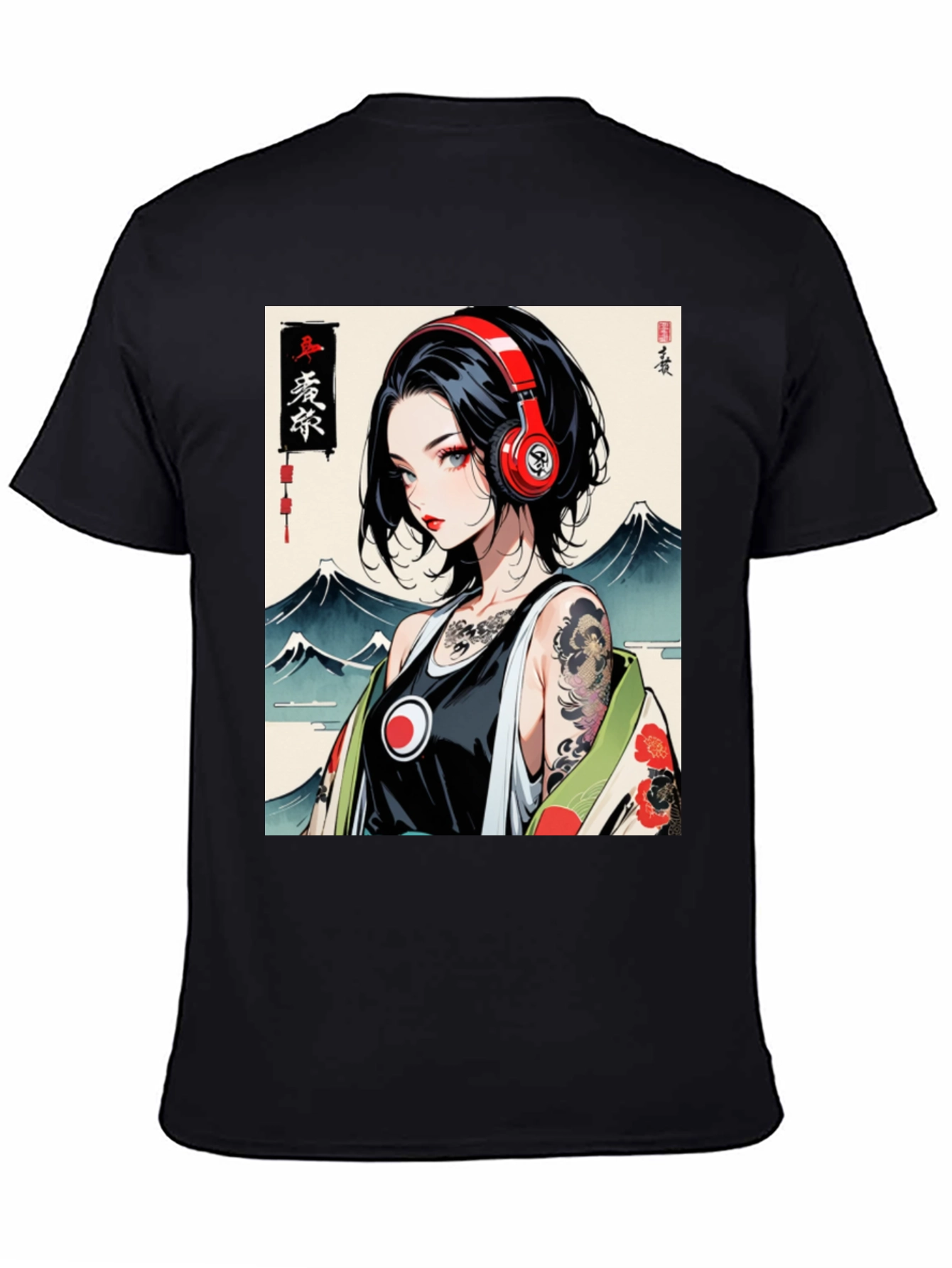 Anime Girl Headphones Graphic Black T-Shirt