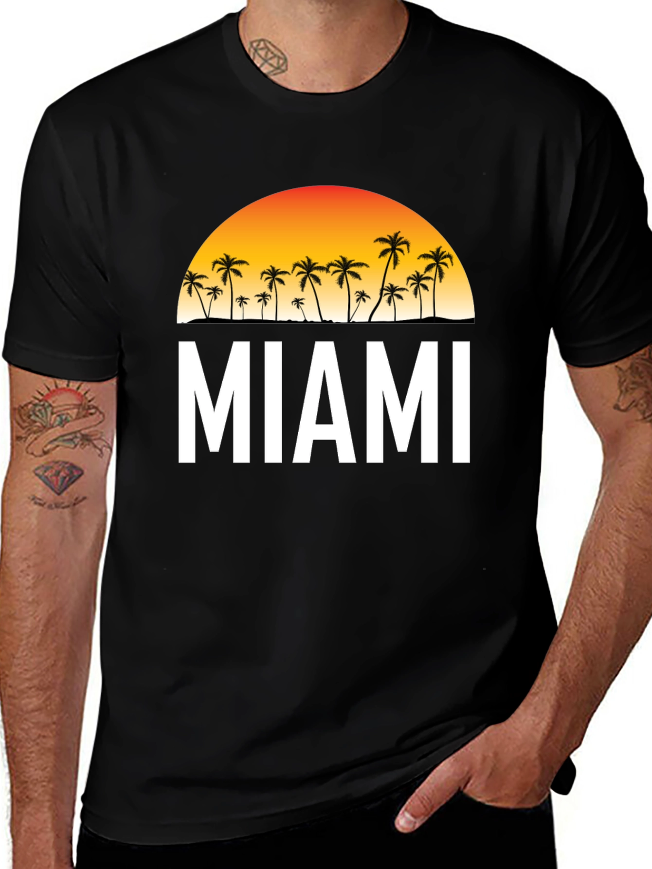 Miami Palm Tree Sunset Black T-Shirt