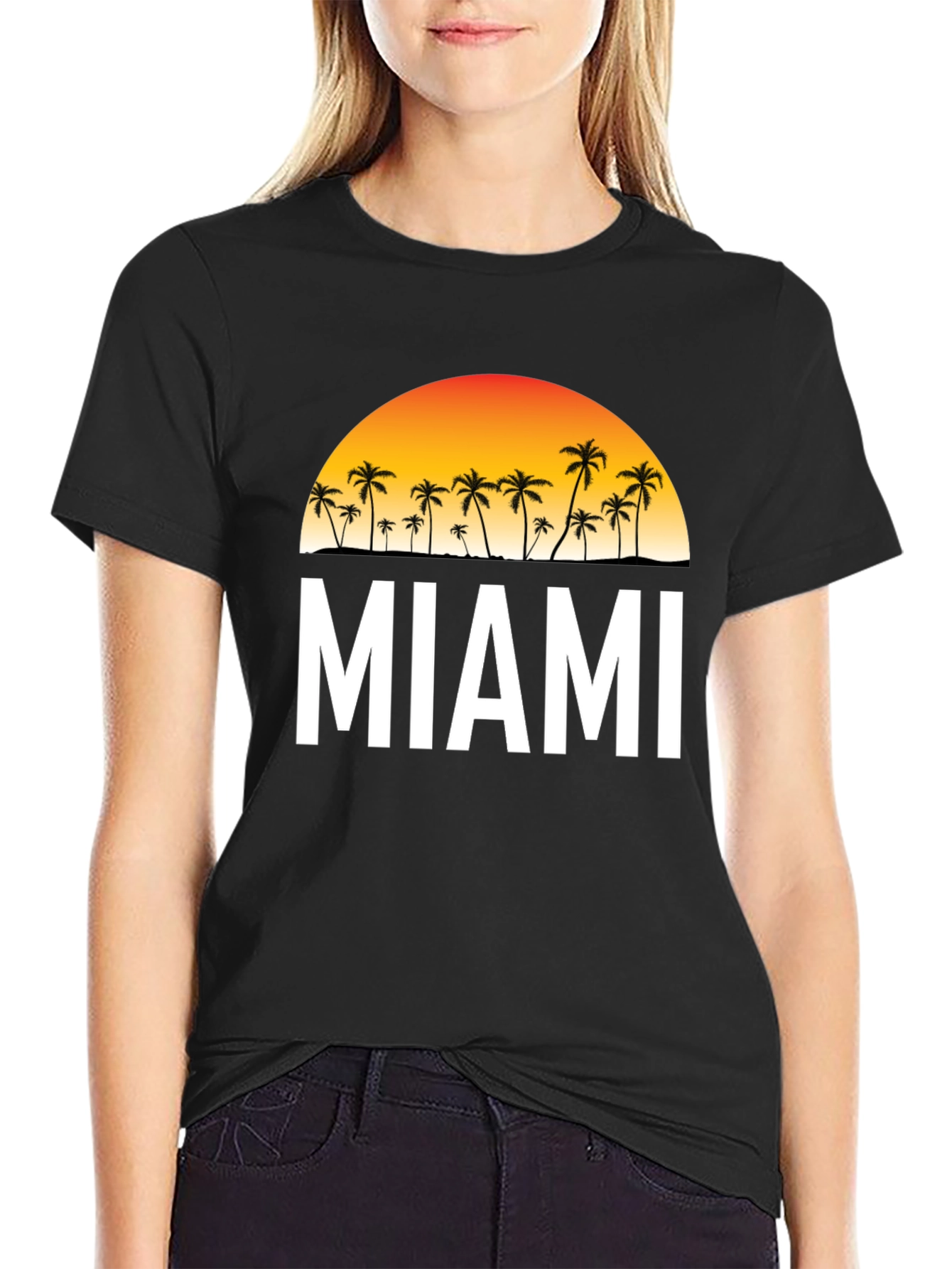 Miami Palm Tree Sunset Black T-Shirt