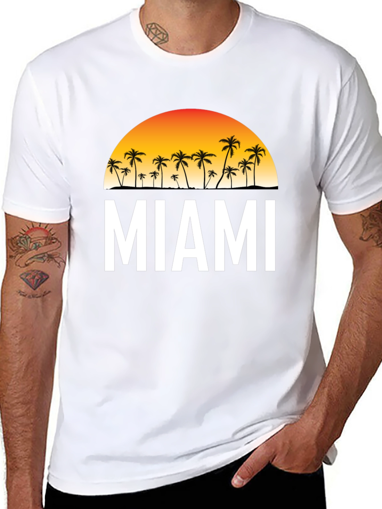 Miami Palm Tree Sunset Black T-Shirt