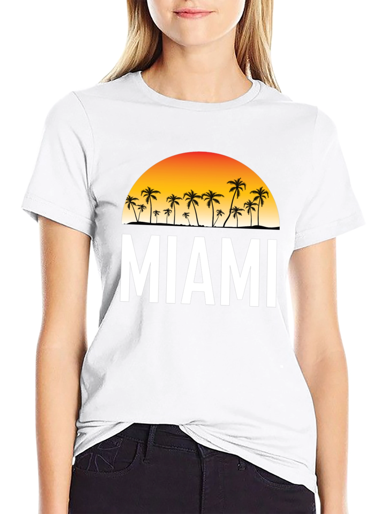 Miami Palm Tree Sunset Black T-Shirt
