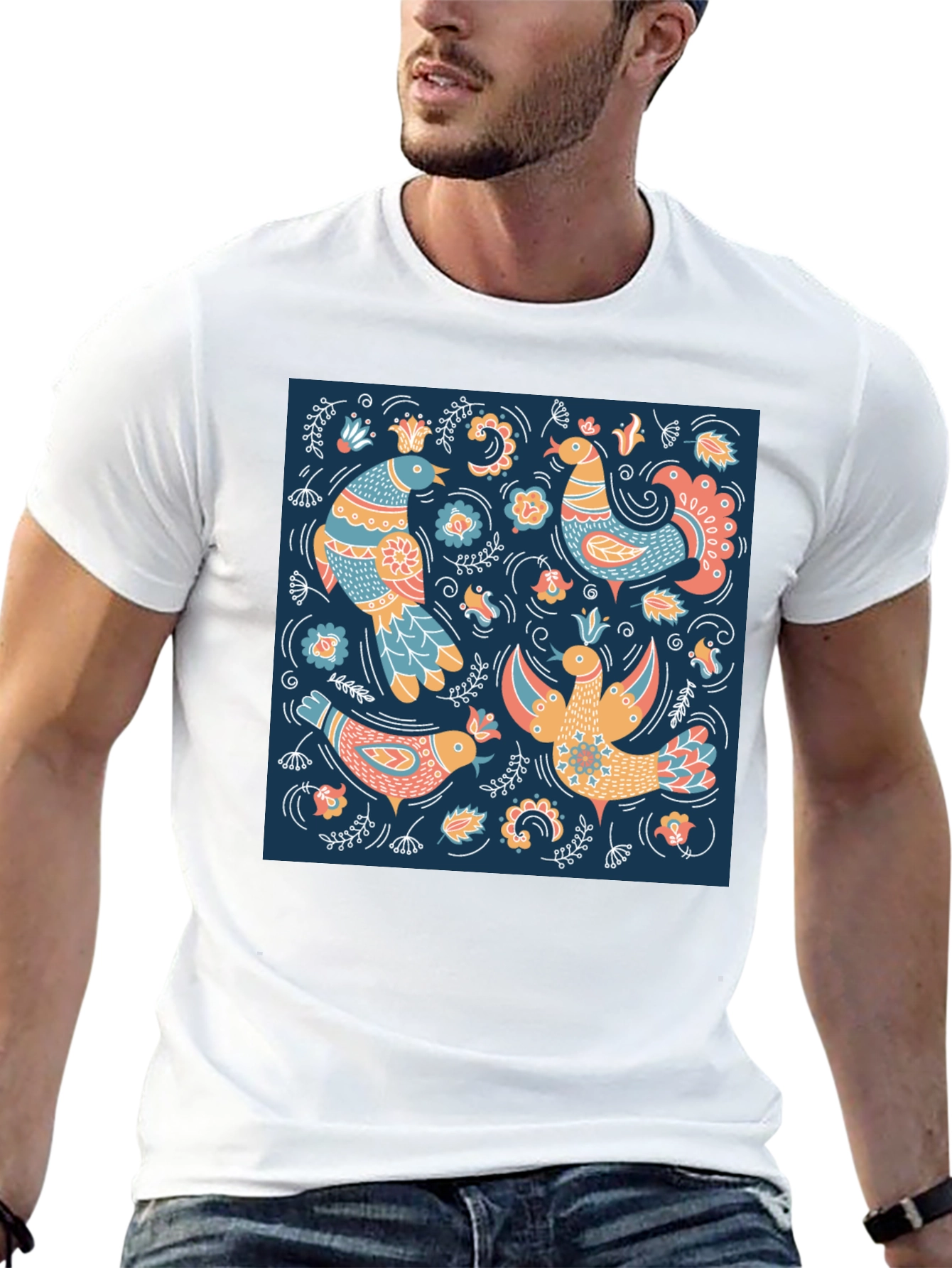 Black T-Shirt with Bird Pattern Print