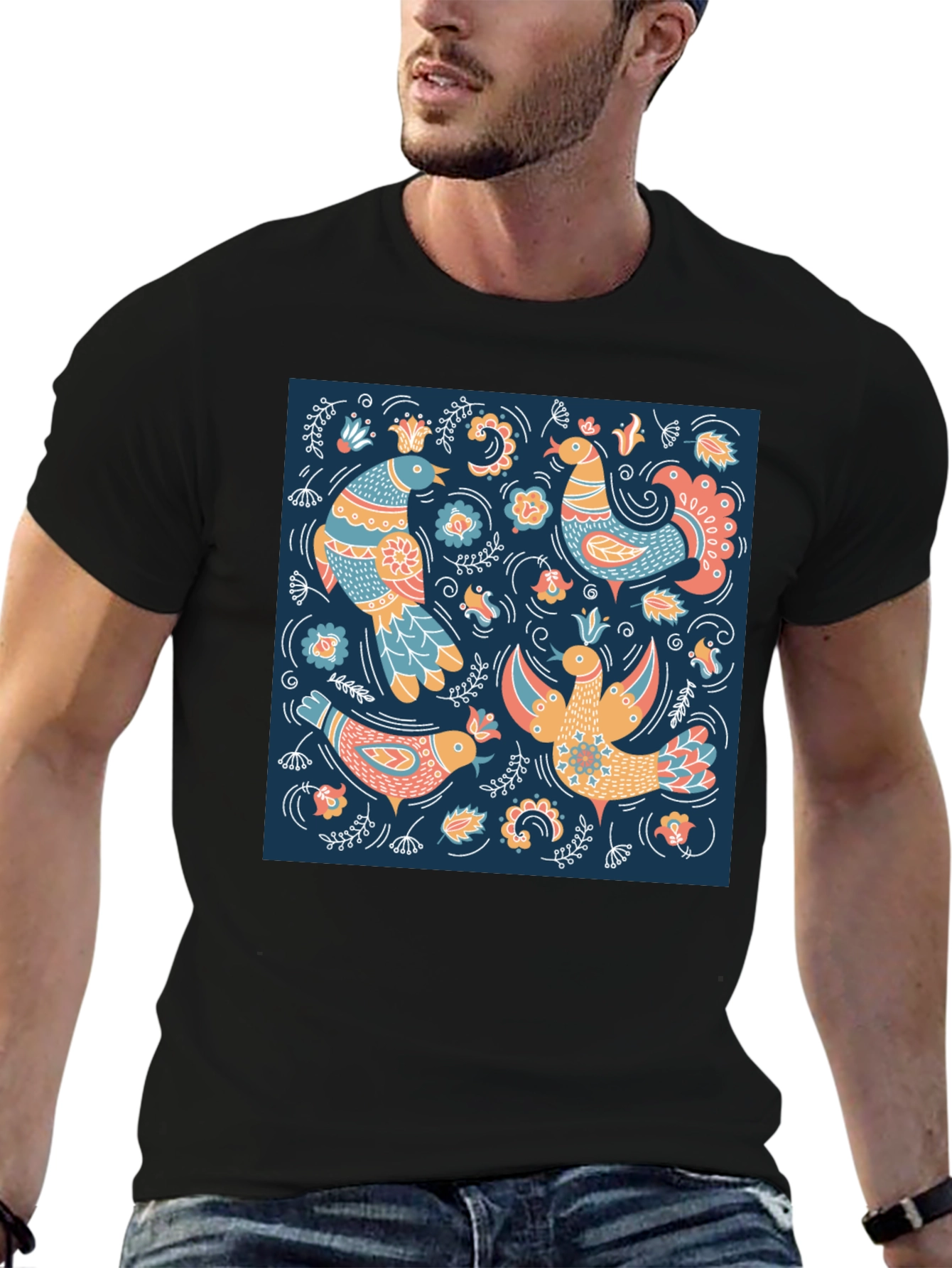 Black T-Shirt with Bird Pattern Print