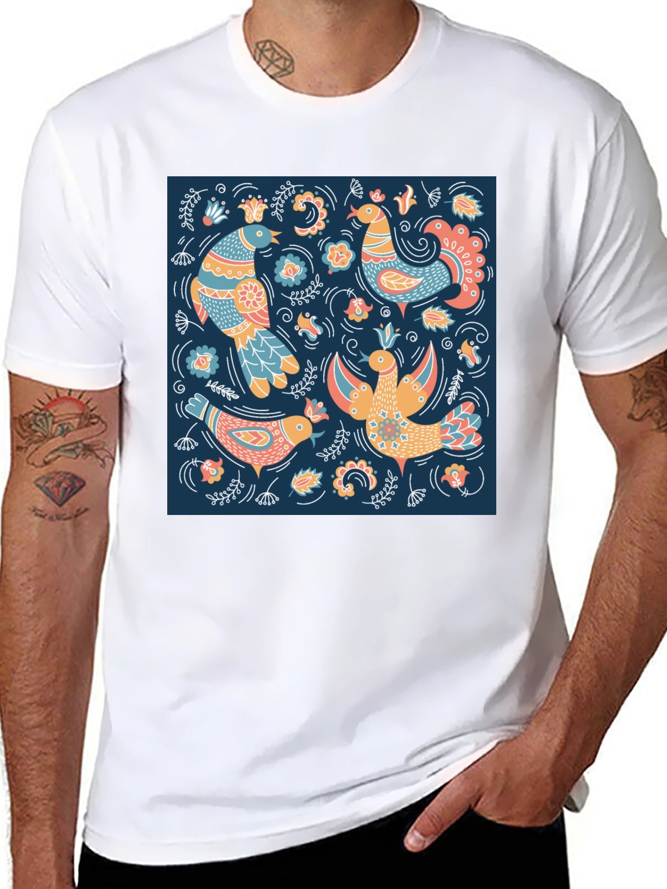 Black T-Shirt with Bird Pattern Print
