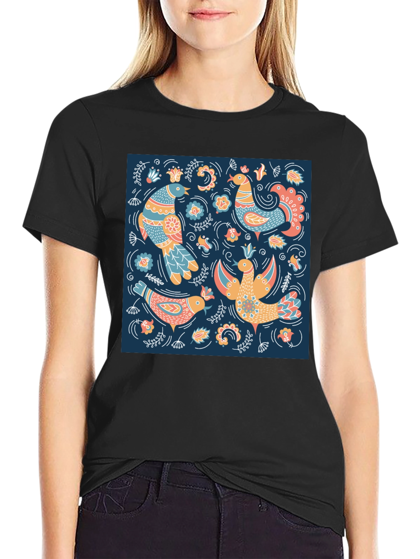 Black T-Shirt with Bird Pattern Print