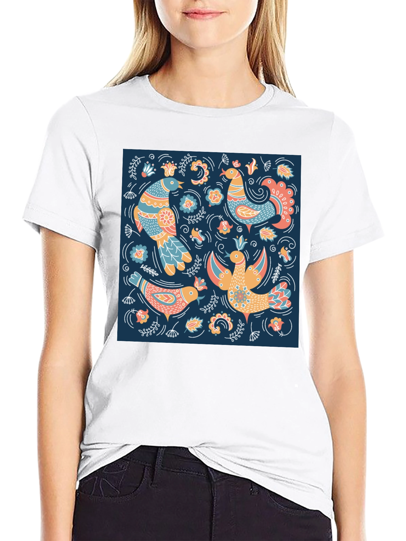 Black T-Shirt with Bird Pattern Print