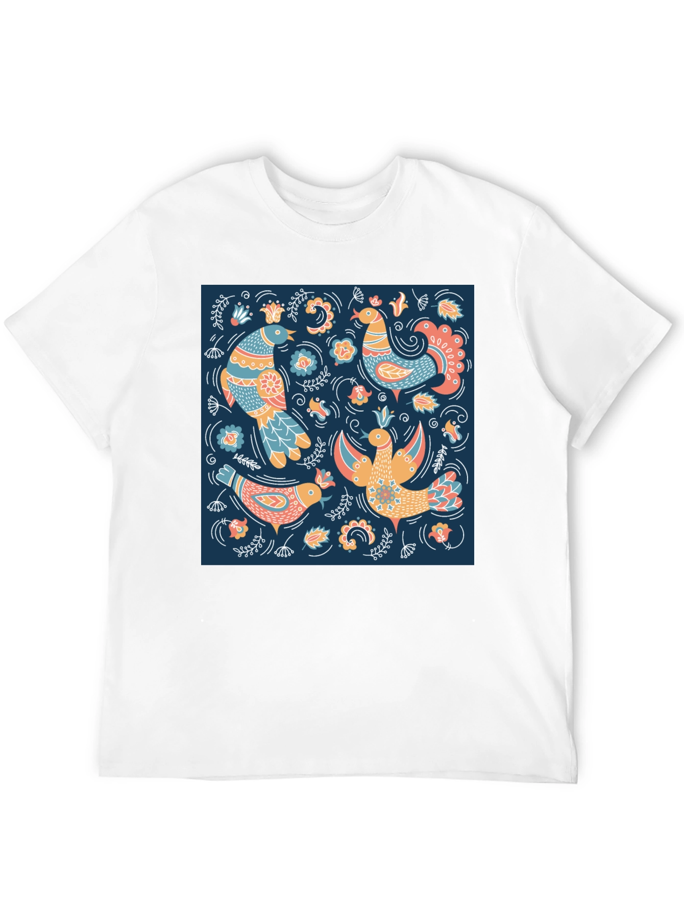 Black T-Shirt with Bird Pattern Print