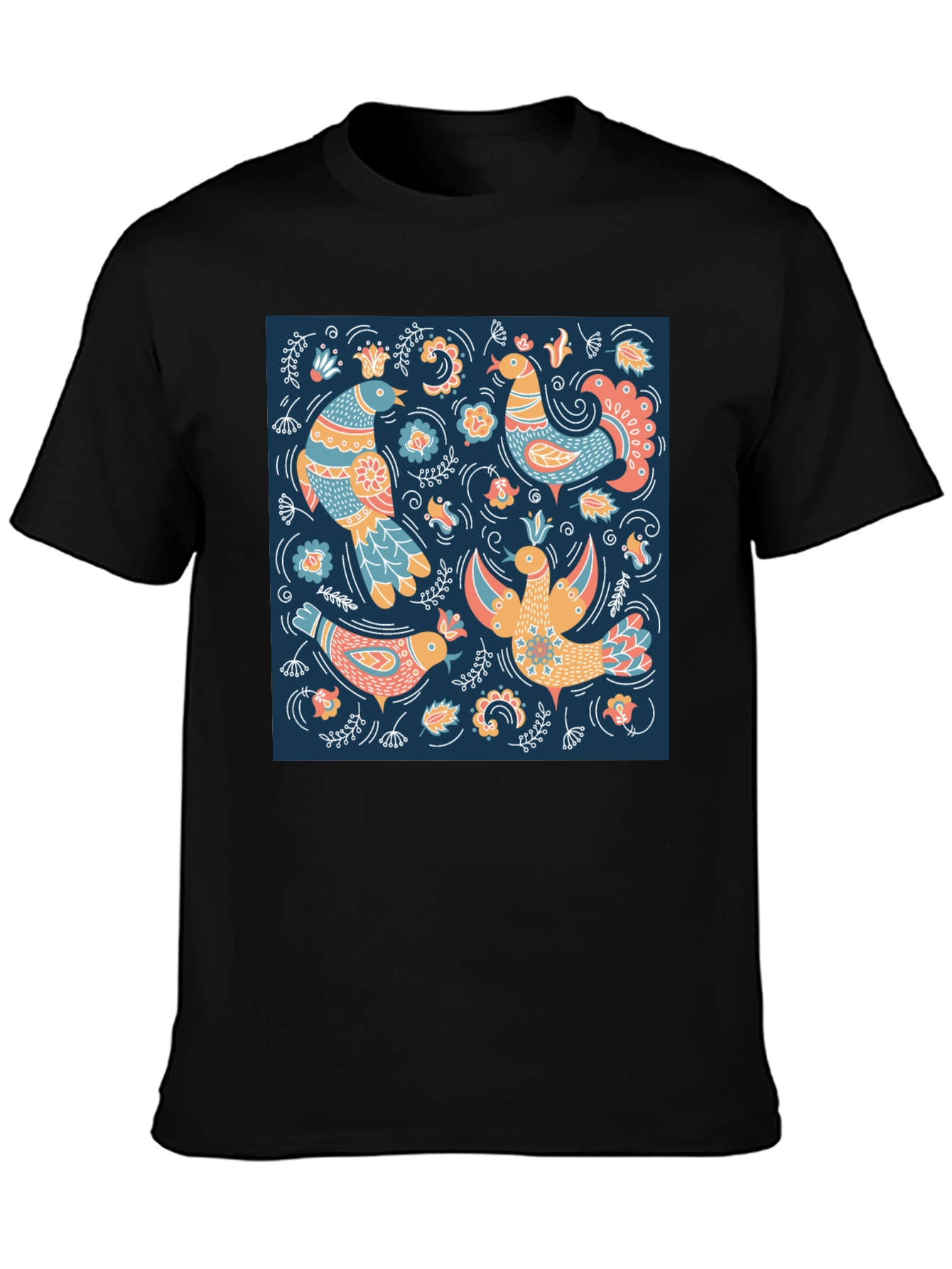 Black T-Shirt with Bird Pattern Print