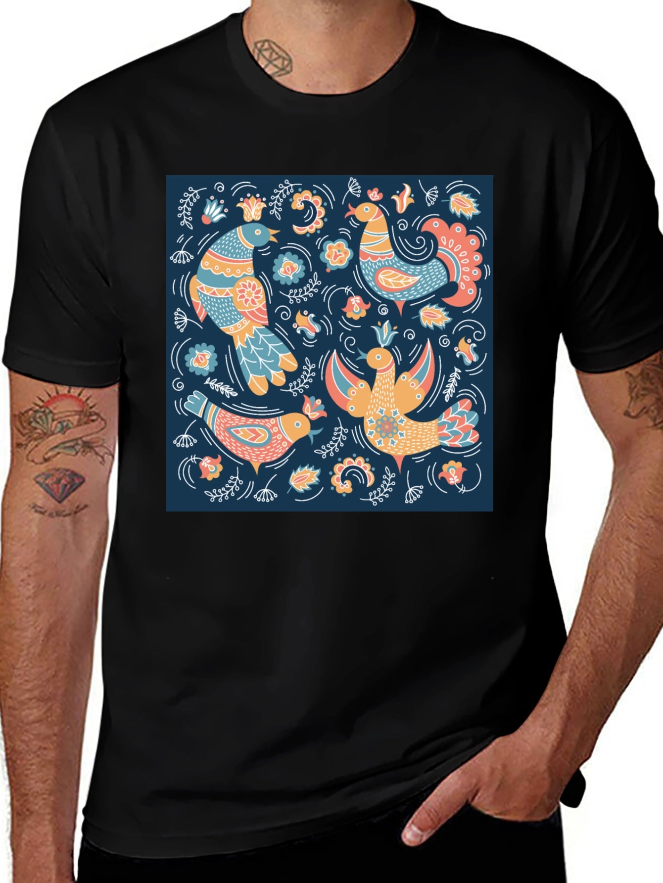 Black T-Shirt with Bird Pattern Print