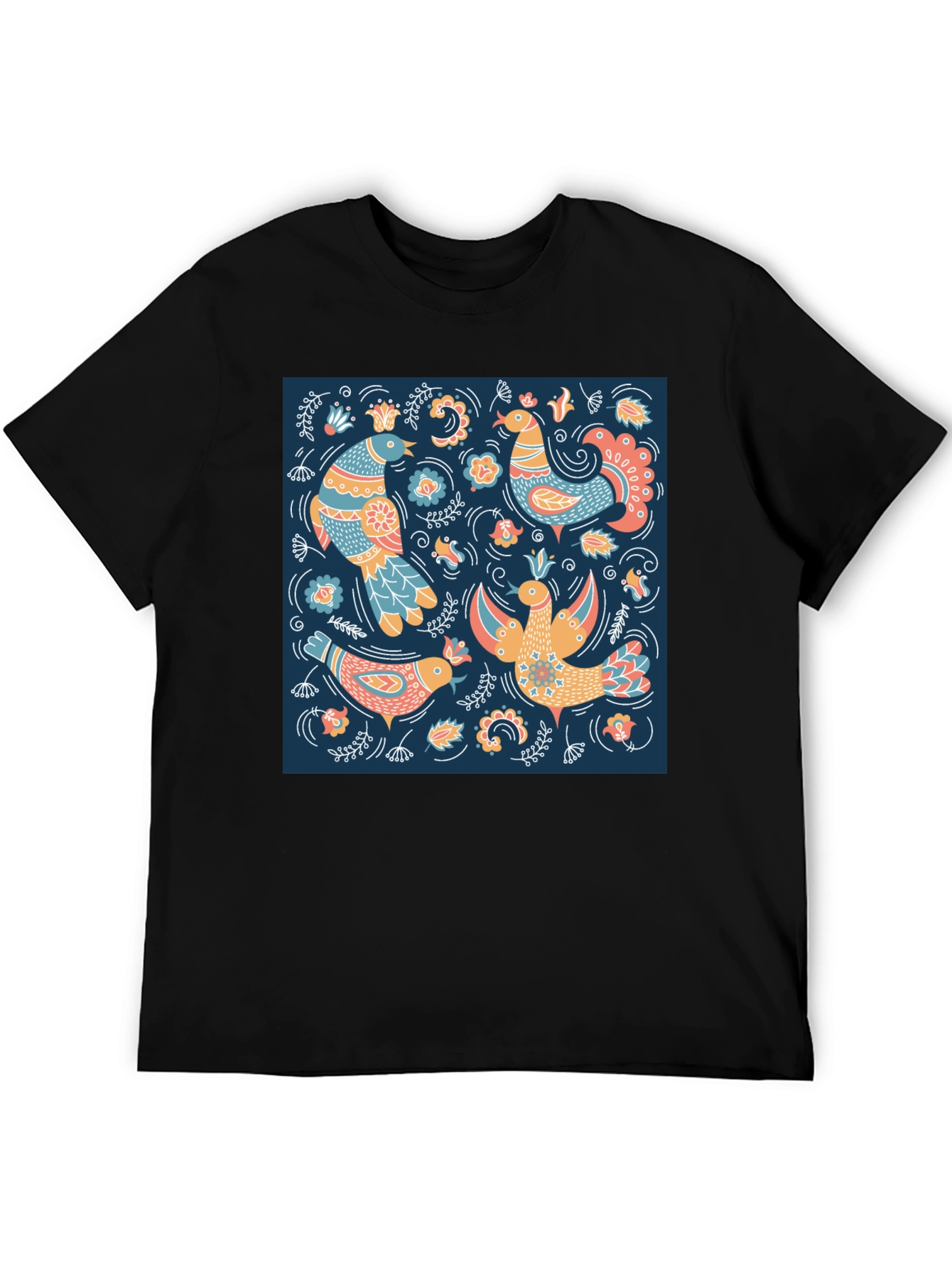 Black T-Shirt with Bird Pattern Print