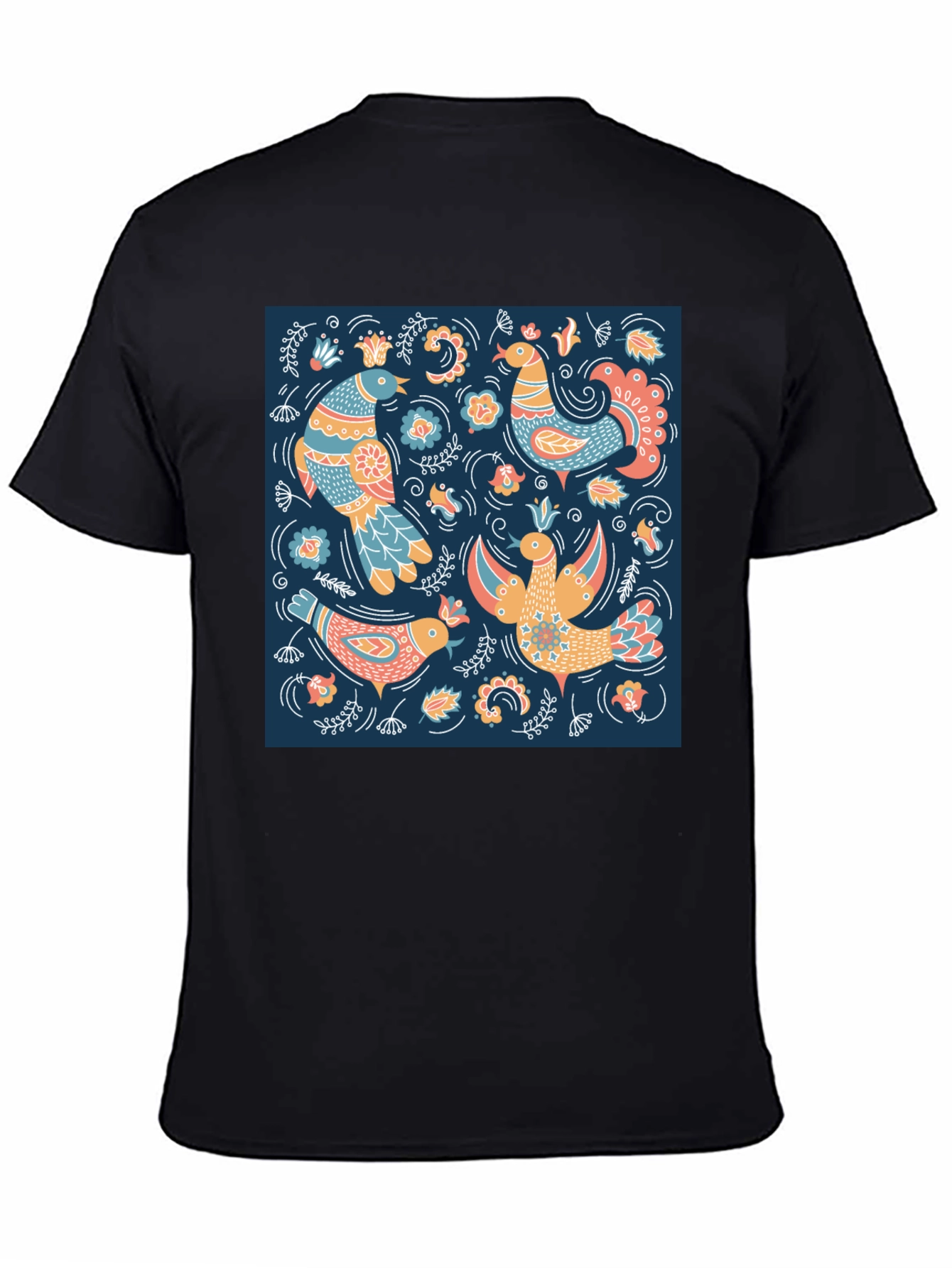 Black T-Shirt with Bird Pattern Print