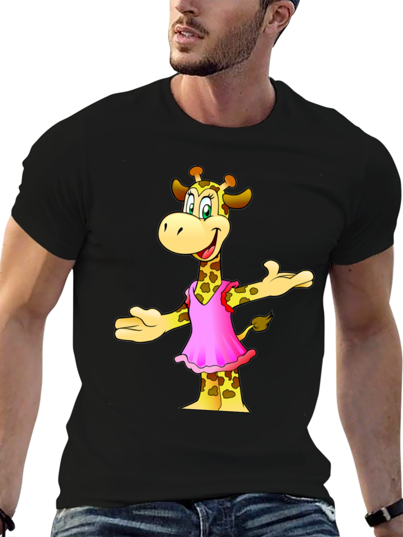 Giraffe Cartoon Graphic Black T-Shirt