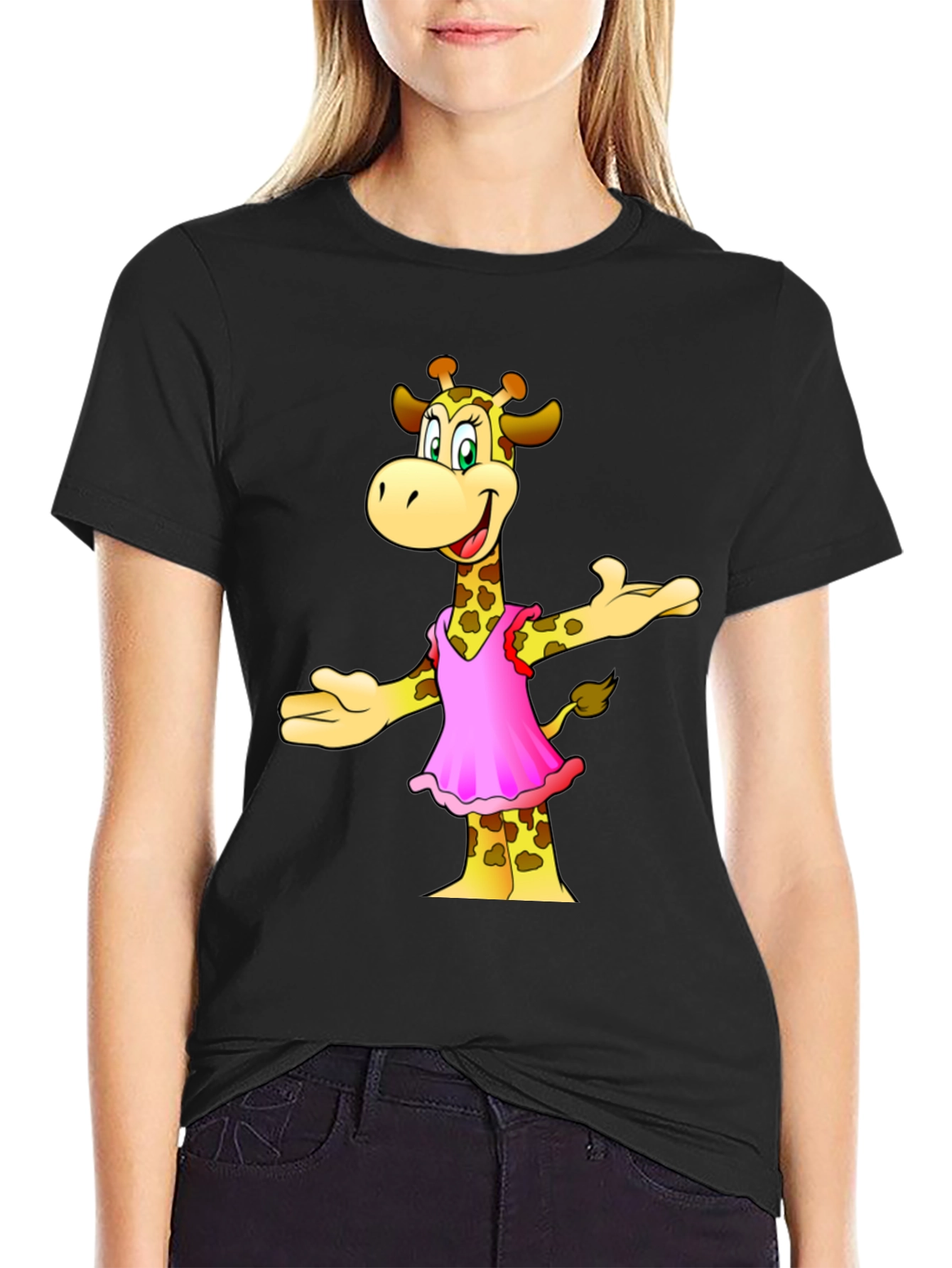 Giraffe Cartoon Graphic Black T-Shirt