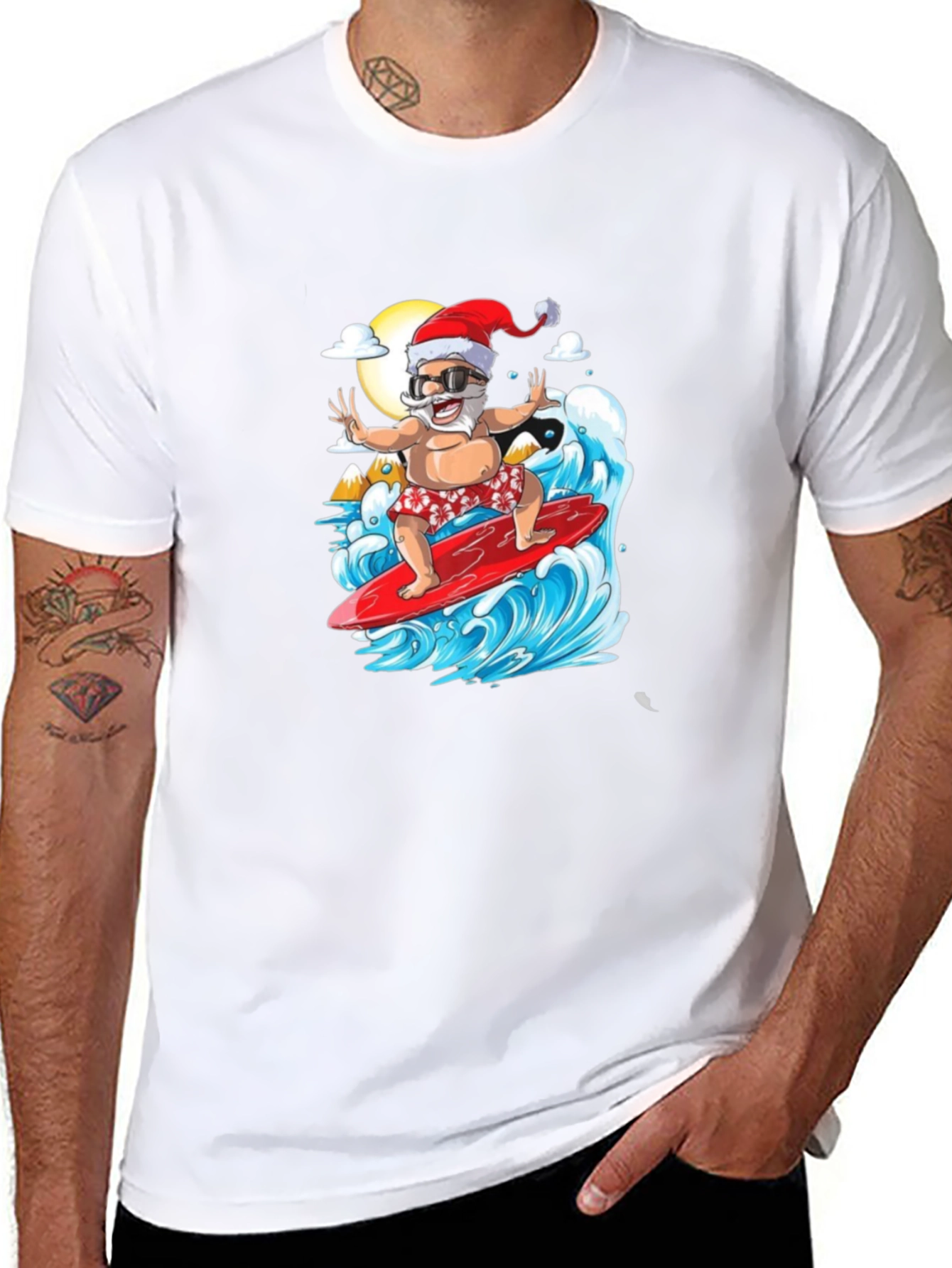 Surfing Santa Black Graphic Tee