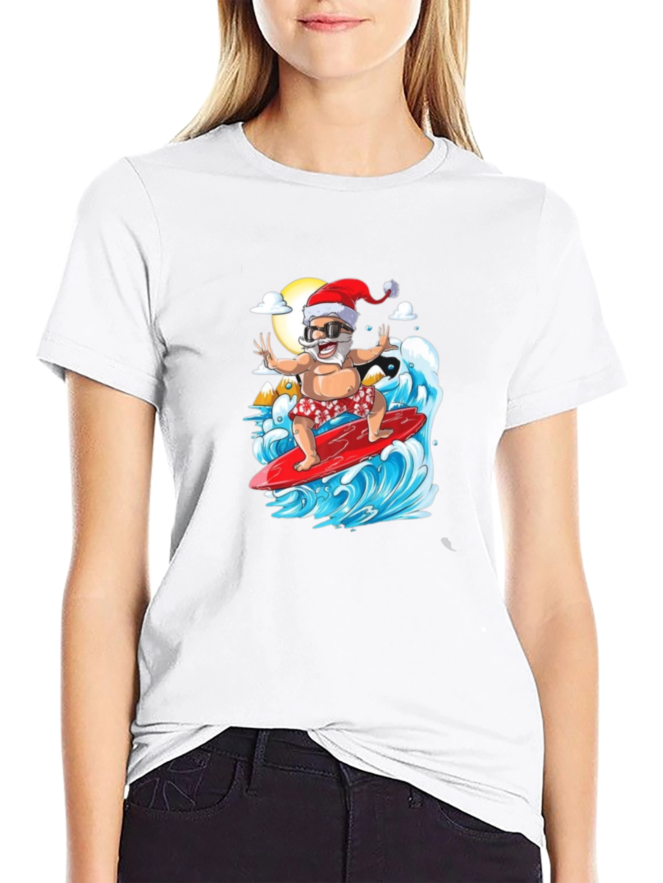 Surfing Santa Black Graphic Tee