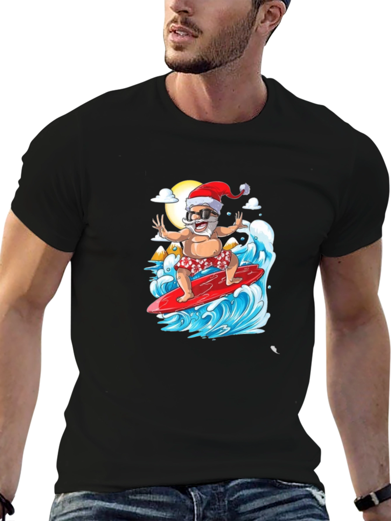 Surfing Santa Black Graphic Tee