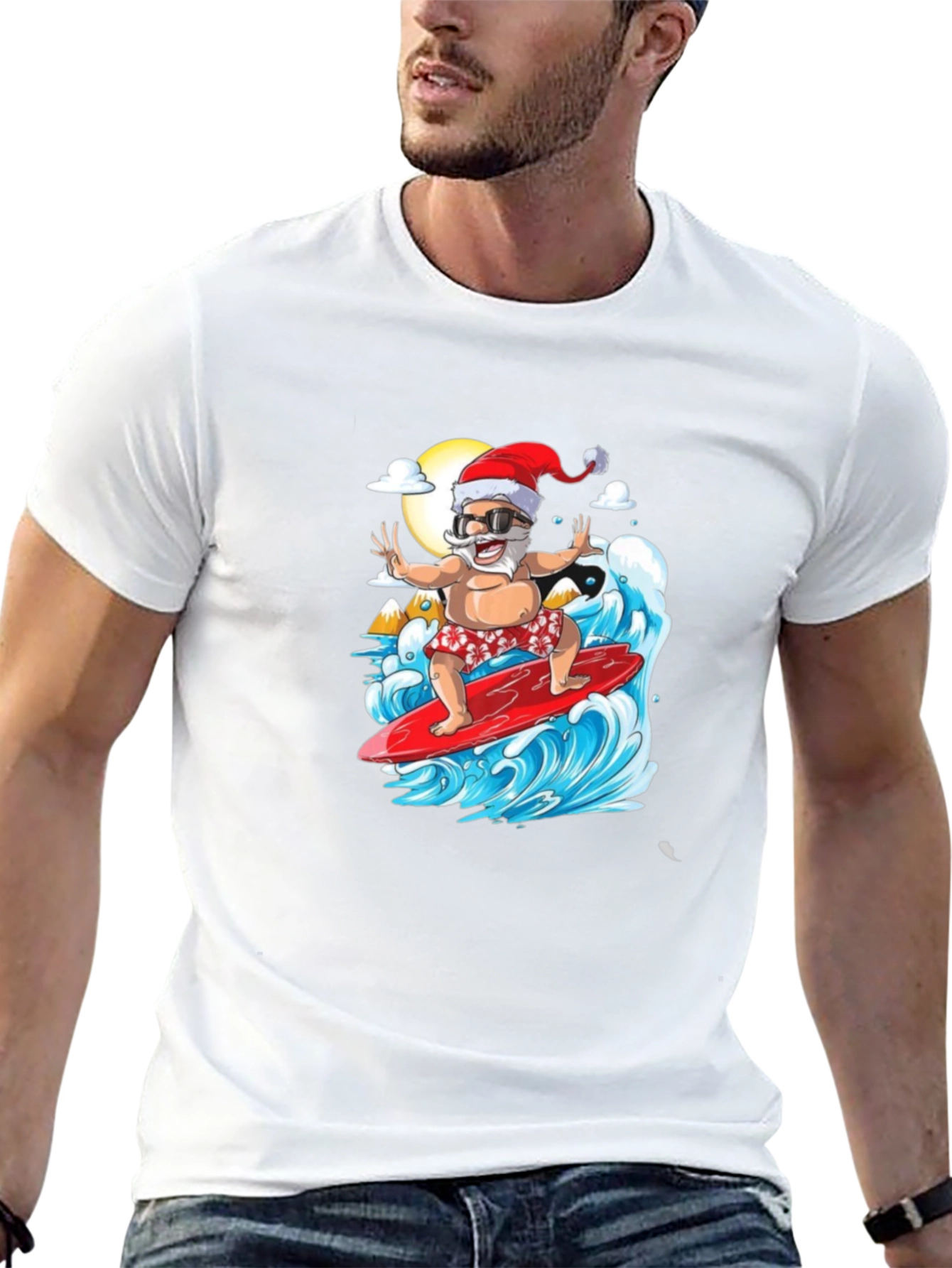 Surfing Santa Black Graphic Tee
