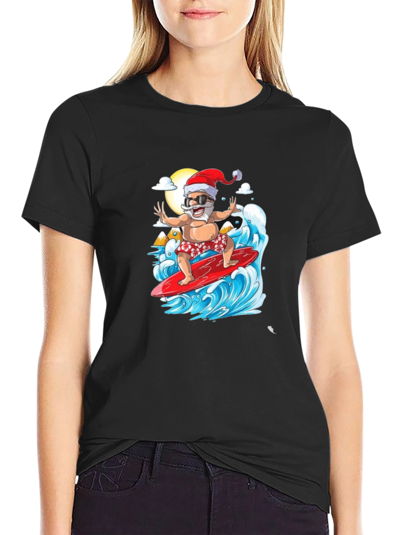 Surfing Santa Black Graphic Tee