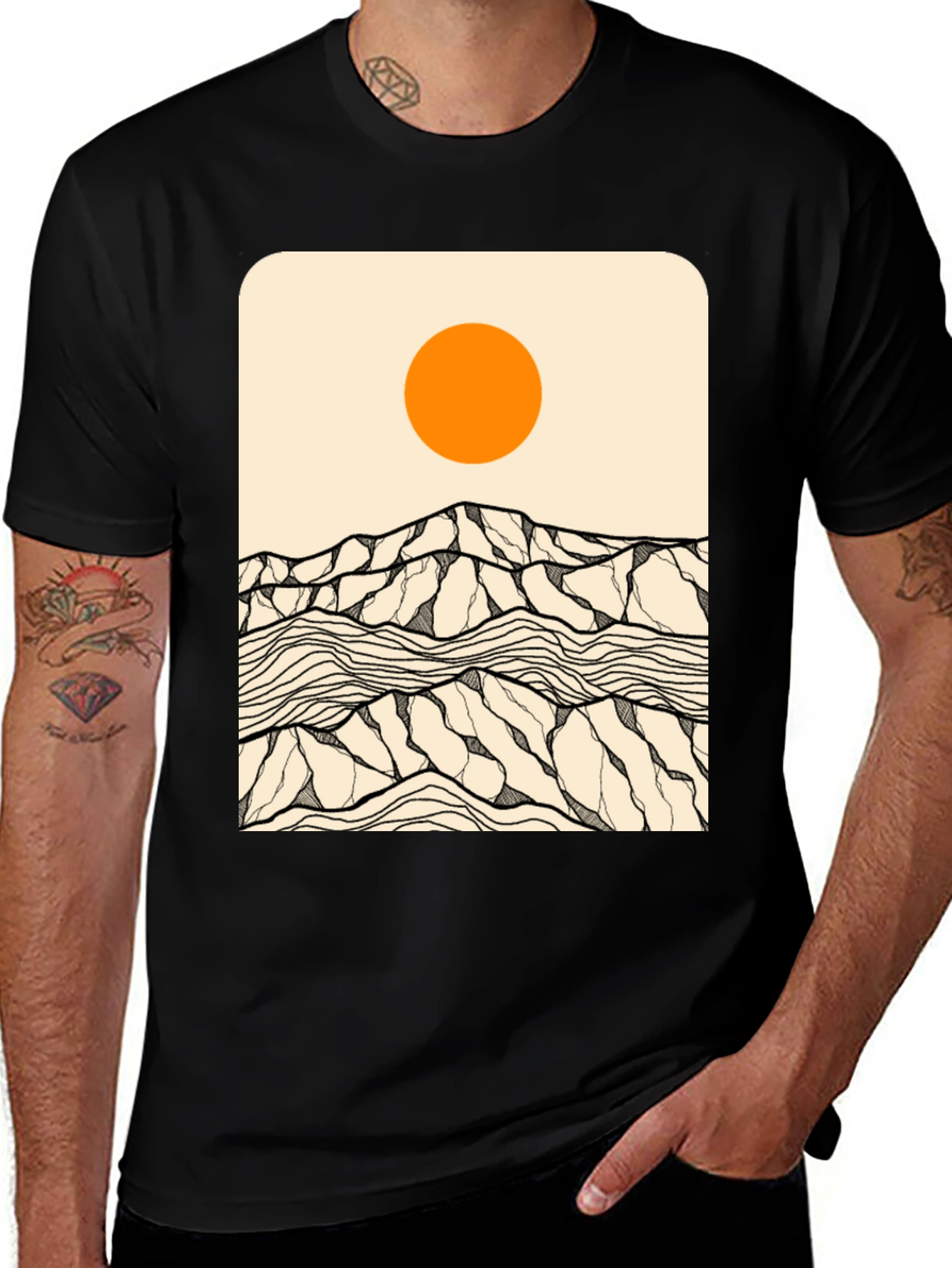 Abstract Mountain Scene Graphic Tee - Black