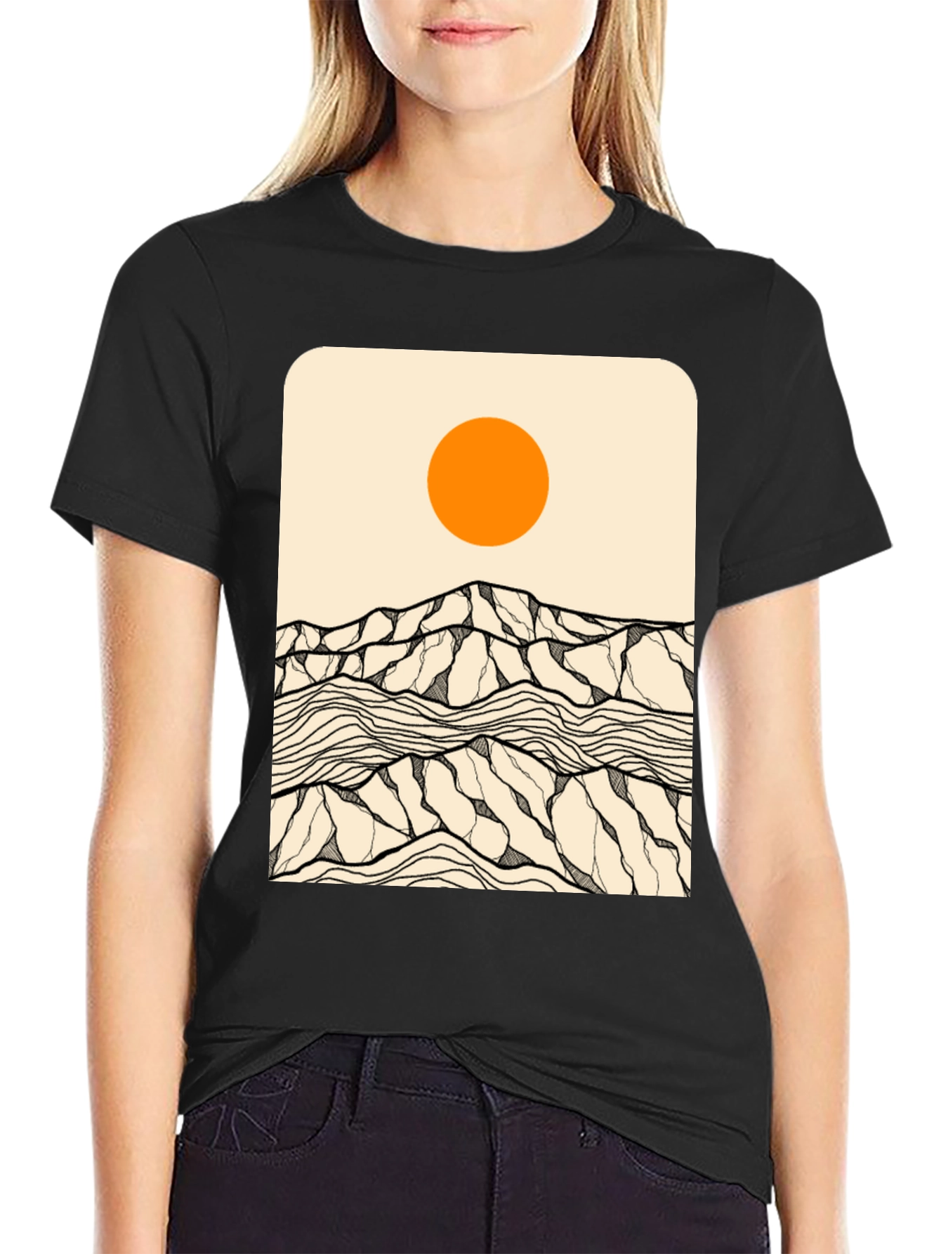 Abstract Mountain Scene Graphic Tee - Black