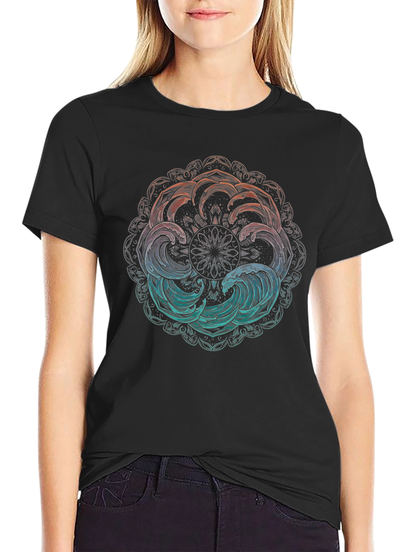 Ocean Wave Mandala Graphic Tee - Black